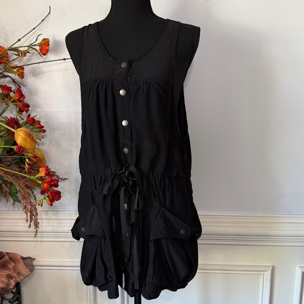 Anna Sui Black 100% Silk Sleeveless Large Pocket Long Oversized Top XS